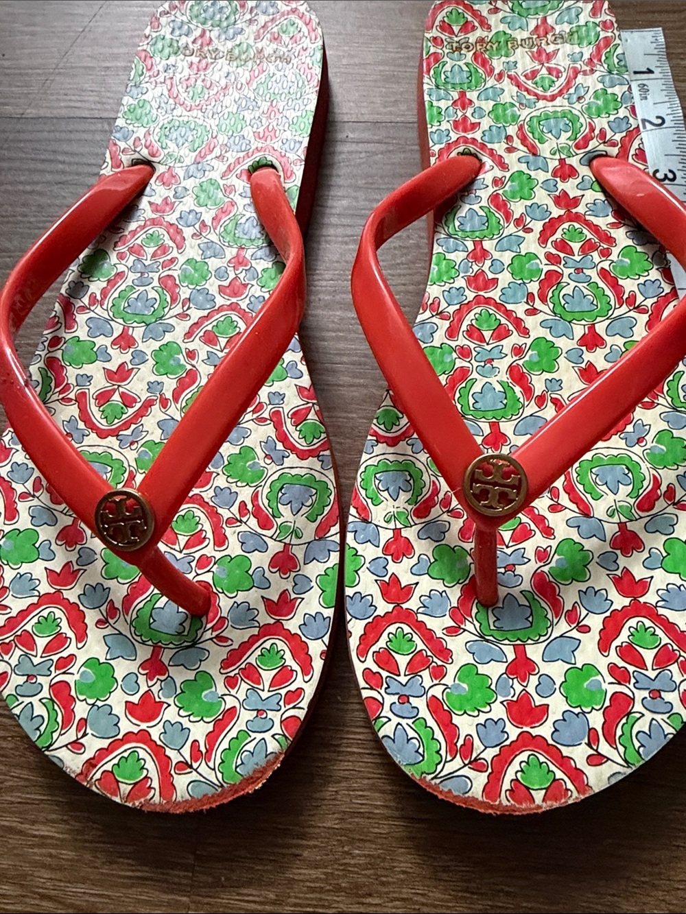 Tory Burch Flip Flops Orange Floral Paisley Wedge Sandals Women Size 9/9.5 - Picture 5 of 5